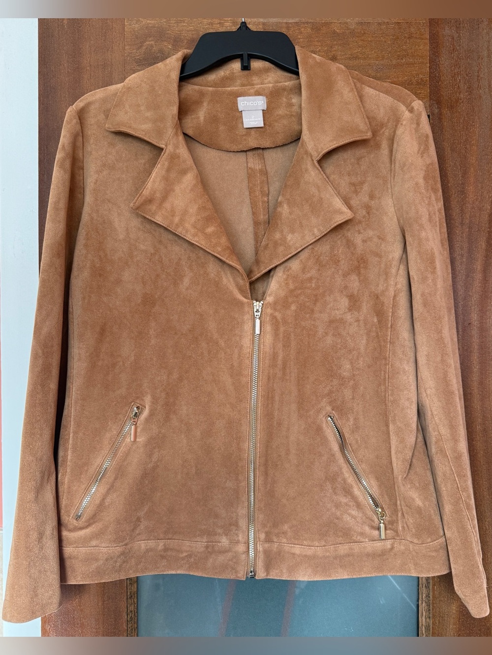 Chicos Faux Suede Moto Jacket Zip Up Camel Tan Brown Cognac Blazer Coat Size 2